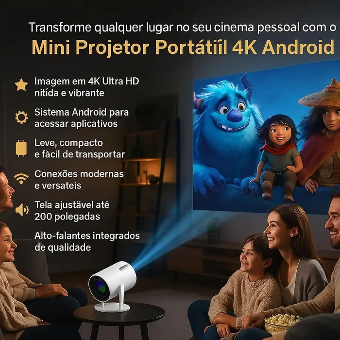 Mini Projetor Portátil 5G Wi-Fi 6 Bluetooth 5.0 Android 11 4K 1080P Full HD 8000 Lumens
