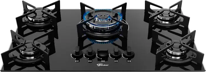 Fischer Cooktop a Gás 5 Bocas Tripla Chama Fit Line Trempe Iron Mesa Vidro Preto Bivolt