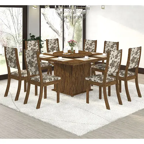 Conjunto Sala Sara K Mesa e 8 Cadeiras Avelã / Lumini