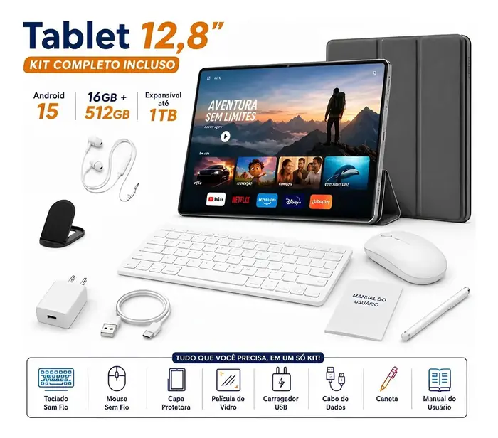 Hancdon Android 15 Tab Kit Completo Ram 16gb 512gb 12,8eamp;#039;eamp;#039; Hd Tela Apoia Wifi 2,4/4/5g Bateria 8800mah Com Caneta+teclado E Mouse Pro