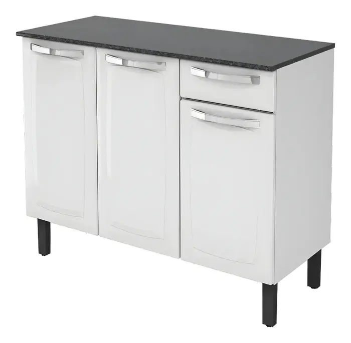 Balcão de Cozinha Itatiaia Aço 3 Portas 1 Gaveta Com Tampo de 105 CM Modelo Rose Branco Neve